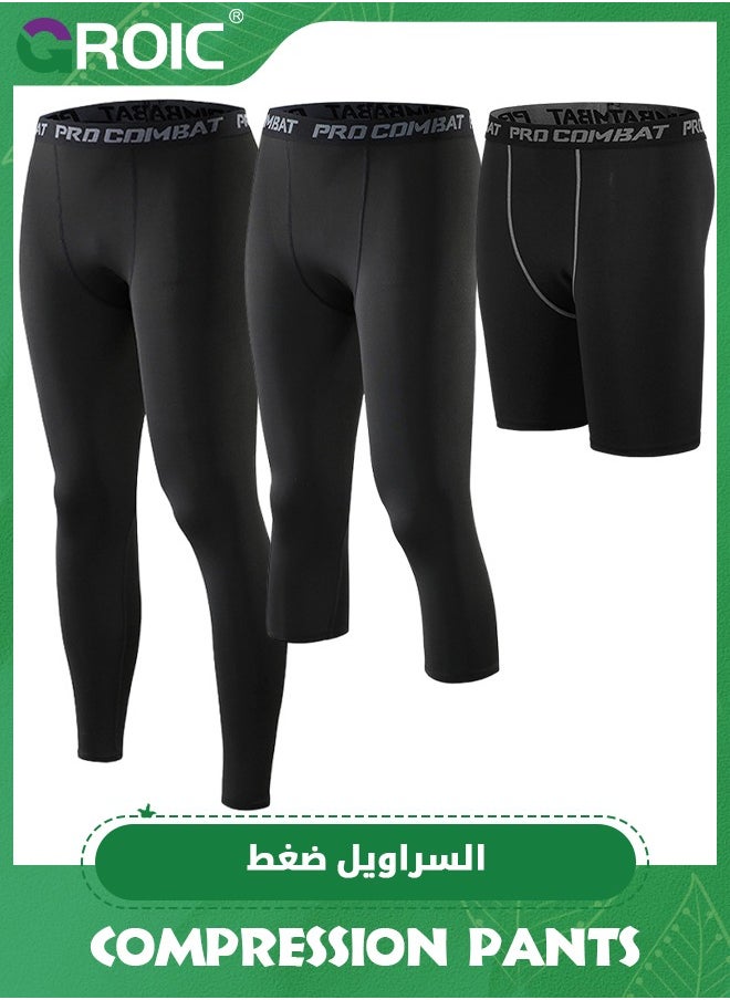 GROIC 3 Pack Compression Shorts Long Pants Tights Sports Running Athletic Active Underwear Workout, Sports Compression Pants, Leggings Athletic Base Layer for Sports, 3 Lengths Size Pants Tights  - Image 1