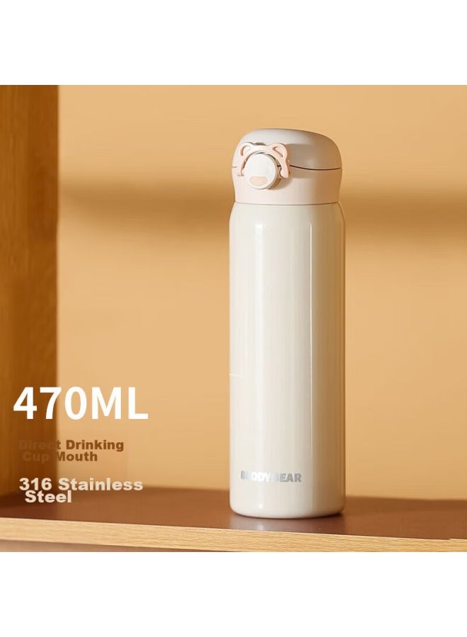Beddybear Flip-top Direct Drinking Insulated Cup, 316 Stainless Steel, Portable Water Bottle For Men And Women, Car-mounted Student Cup, 470ml, Crescent White - Image 1