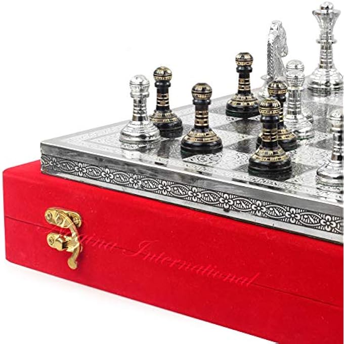 ناجينا انترناشيونال 12 مجموعة شطرنج سوداء نحاسية صلبة من قطع الشطرنج المعدنية مع لوح نحاسي كبير مجموعة جميلة مصنوعة يدويا من ألعاب الطاولة التكتيكية الإستراتيجية المجردة مع علبة تخزين المخملية الحمراء لوح فضي - Image 5