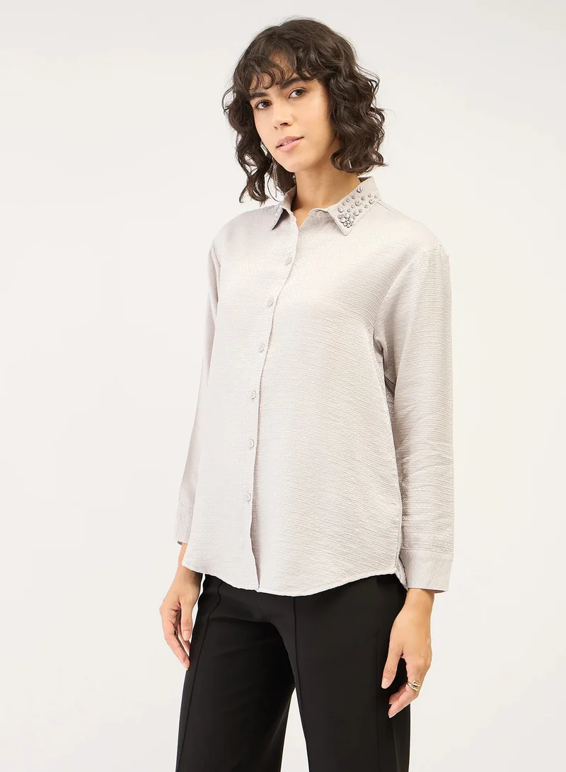 Salt Attire Women's Embellished Button-Down Shirt | Stylish Top with Embellished Collar, Full-Length Cuffed Sleeves & Dropped Shoulders | Elegant Silver Shirt for Versatile Styling Size