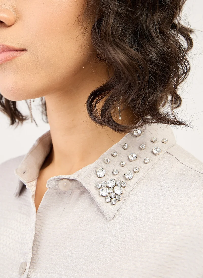 Salt Attire Women's Embellished Button-Down Shirt | Stylish Top with Embellished Collar, Full-Length Cuffed Sleeves & Dropped Shoulders | Elegant Silver Shirt for Versatile Styling Size