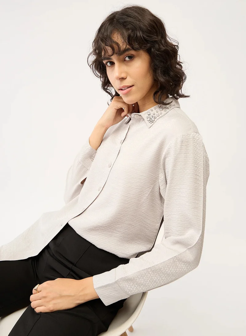 Salt Attire Women's Embellished Button-Down Shirt | Stylish Top with Embellished Collar, Full-Length Cuffed Sleeves & Dropped Shoulders | Elegant Silver Shirt for Versatile Styling Size