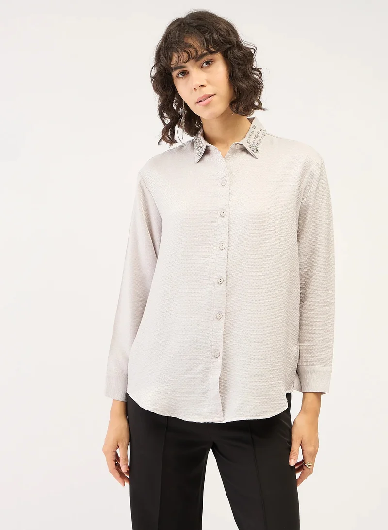 Salt Attire Women's Embellished Button-Down Shirt | Stylish Top with Embellished Collar, Full-Length Cuffed Sleeves & Dropped Shoulders | Elegant Silver Shirt for Versatile Styling Size