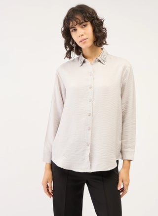 Women's Embellished Button-Down Shirt | Stylish Top with Embellished Collar, Full-Length Cuffed Sleeves & Dropped Shoulders | Elegant Silver Shirt for Versatile Styling Size - pzsku/Z04EADA7AF65E2CAE2E13Z/45/_/1731071703/6b32d825-2567-4044-bc3e-4e697ab1bc5f