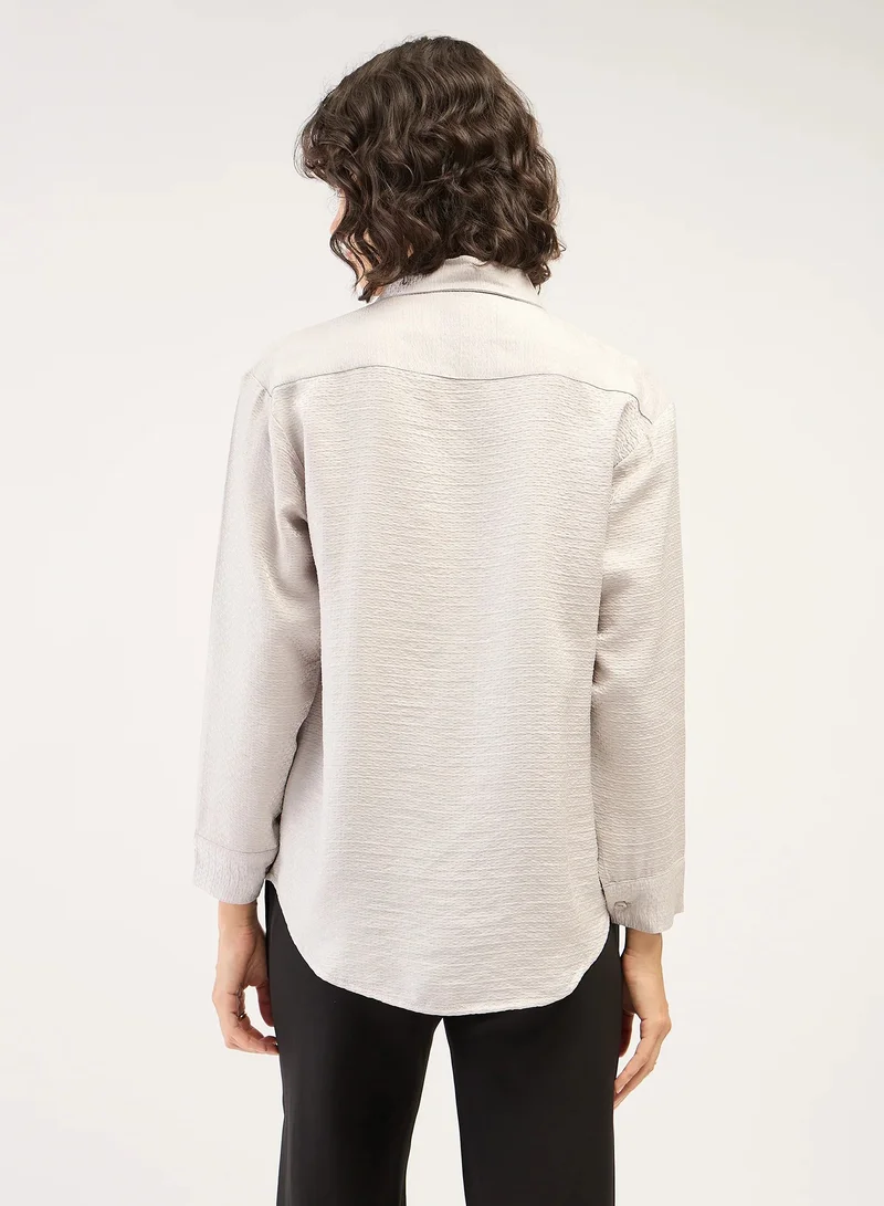 Salt Attire Women's Embellished Button-Down Shirt | Stylish Top with Embellished Collar, Full-Length Cuffed Sleeves & Dropped Shoulders | Elegant Silver Shirt for Versatile Styling Size