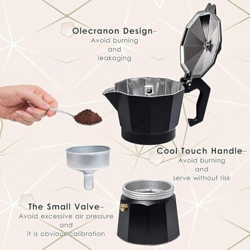 Harions Aluminium Italian Espresso Stove Coffee Maker Filter Coffee Percolator - Moka Pot (Black 6cup) - Image 5