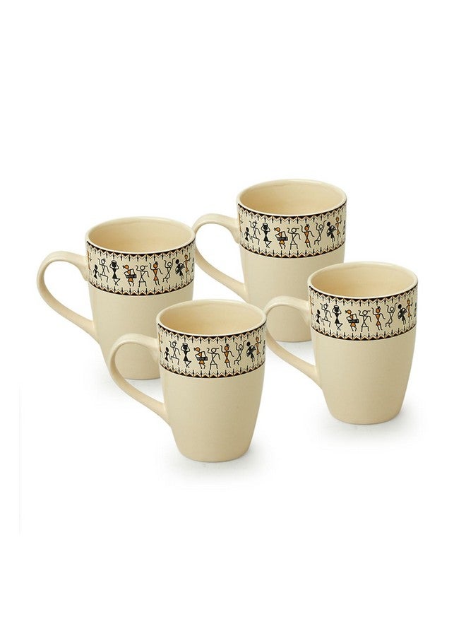 ExclusiveLane Ceramic Coffee Mugs Set of 4 | 'Whispers of Warli' Handcrafted Printed Mugs for Coffee Cup Tea Mug & Cup (Ivory White & Black, 300 ML, Microwave & Dishwasher Safe) - Image 2