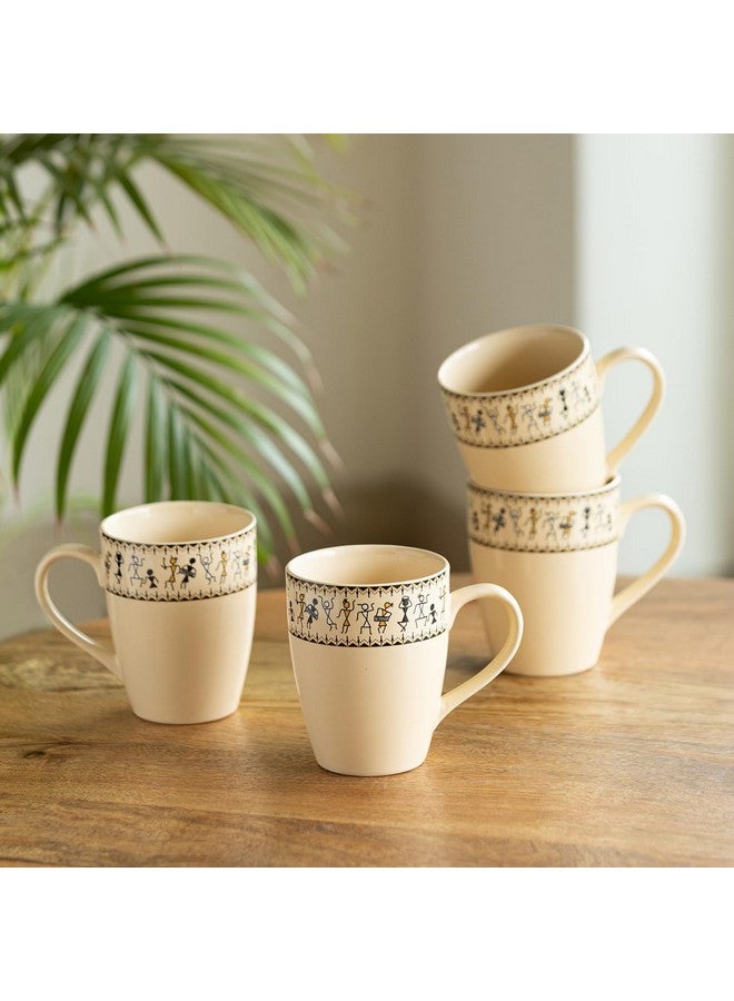 ExclusiveLane Ceramic Coffee Mugs Set of 4 | 'Whispers of Warli' Handcrafted Printed Mugs for Coffee Cup Tea Mug & Cup (Ivory White & Black, 300 ML, Microwave & Dishwasher Safe) - Image 1