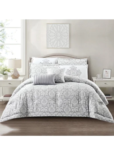 Donetella Bedding Comforter Set 5-Pcs Single Size Solid Yarn Dyed Bed Set Fits (120 x 200 Cm) All Season 350GSM Feather Silk Fill,Light Grey
