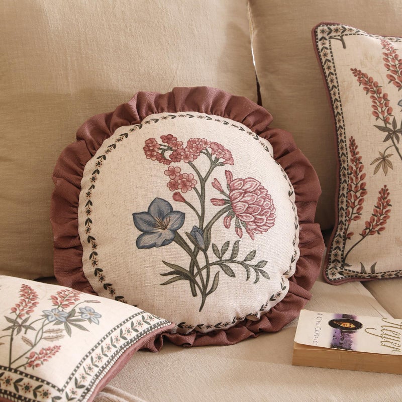 ISAENNE Design Linen Vintage Throw Pillow Covers Diameter 16" Pack of 2, Round Cushion Covers with Blue Pink Flowers Green Leaves Pattern Decoration Pillowcases for Bed,Living Room,Outdoor,Car - Image 2