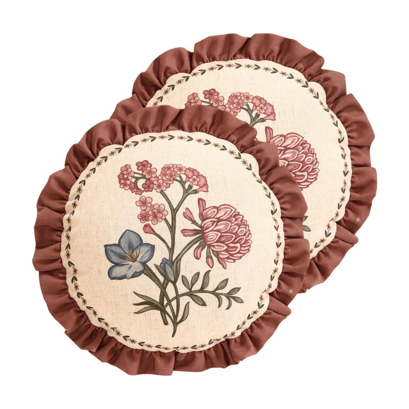 ISAENNE Design Linen Vintage Throw Pillow Covers Diameter 16" Pack of 2, Round Cushion Covers with Blue Pink Flowers Green Leaves Pattern Decoration Pillowcases for Bed,Living Room,Outdoor,Car - Image 1