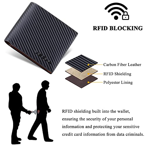 VISOUL Leather Mens Bifold RFID Blocking Wallet with 2 ID Windows, Leather Wallet for Men (Carbon Fiber, Black+Brown) - Image 5