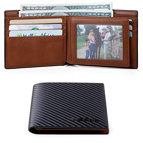 VISOUL Leather Mens Bifold RFID Blocking Wallet with 2 ID Windows, Leather Wallet for Men (Carbon Fiber, Black+Brown) - Image 3