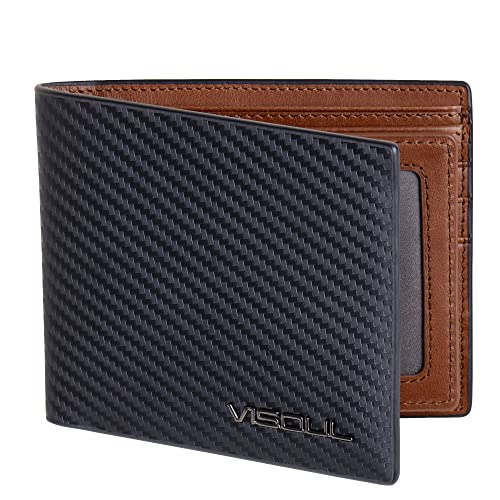 VISOUL Leather Mens Bifold RFID Blocking Wallet with 2 ID Windows, Leather Wallet for Men (Carbon Fiber, Black+Brown) - Image 1