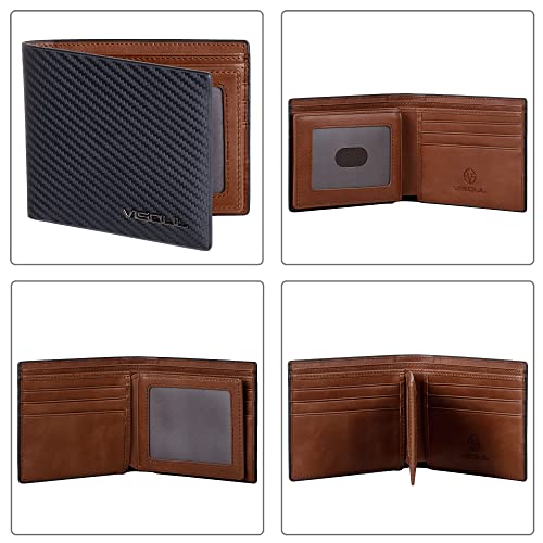 VISOUL Leather Mens Bifold RFID Blocking Wallet with 2 ID Windows, Leather Wallet for Men (Carbon Fiber, Black+Brown) - Image 2