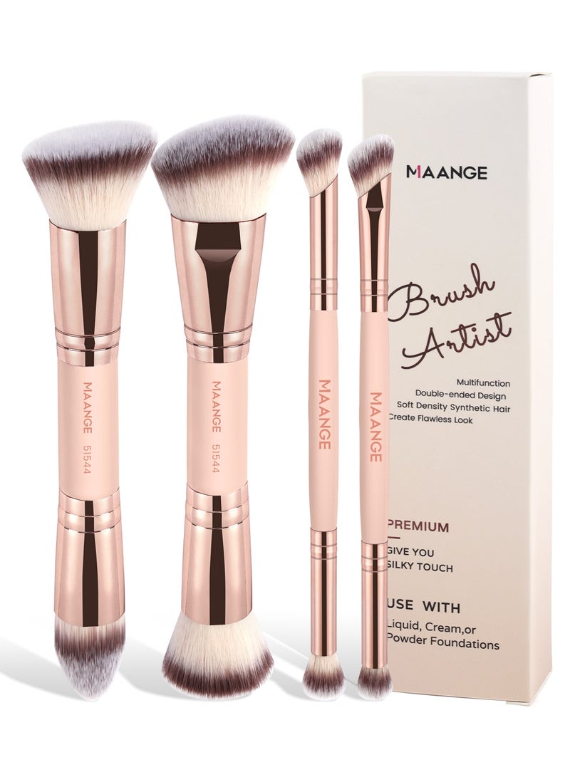 MAANGE 4-Piece Double-Ended Makeup Brush Set – Foundation, Contour, Blush & Eyeshadow Brushes – Travel-Friendly & Gift-Ready,Gold - Image 1