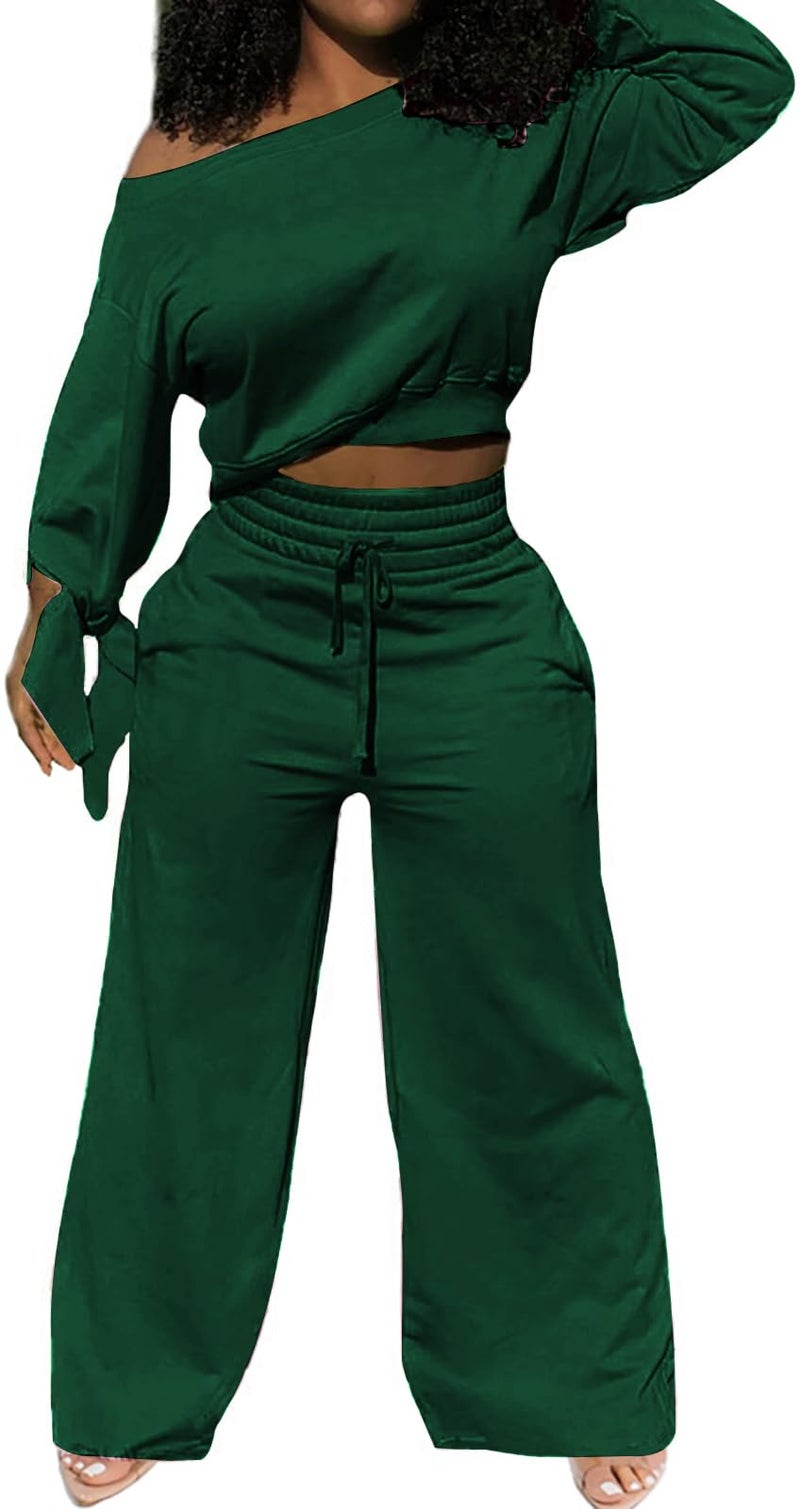 sexycherry Two Piece Sweatsuit for Women Green Casual One Off Shoulder Long Sleeve Tracksuits Loose Wide Leg Pants Pant Sets with Pockets Drawstrings (X-Large) - Image 2