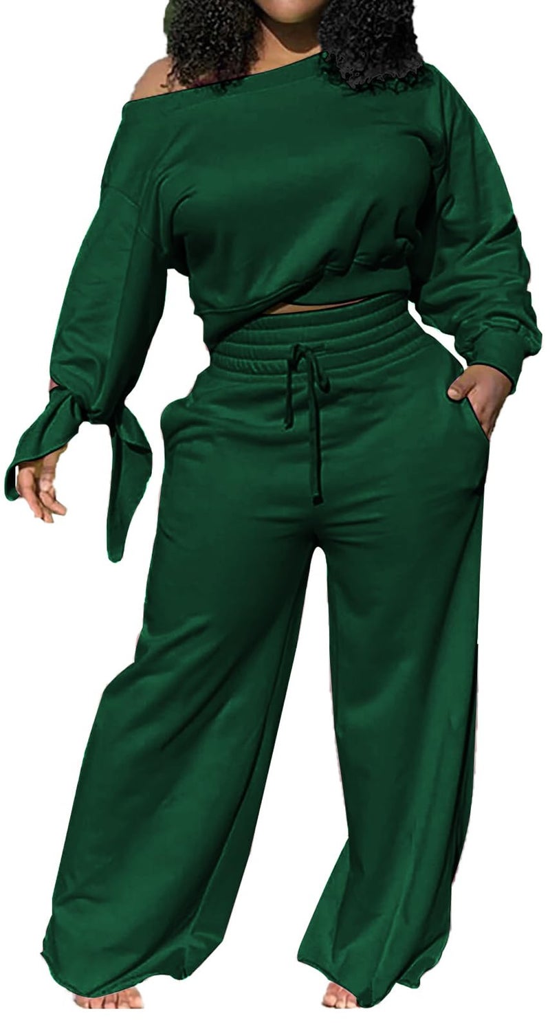 sexycherry Two Piece Sweatsuit for Women Green Casual One Off Shoulder Long Sleeve Tracksuits Loose Wide Leg Pants Pant Sets with Pockets Drawstrings (X-Large) - Image 1