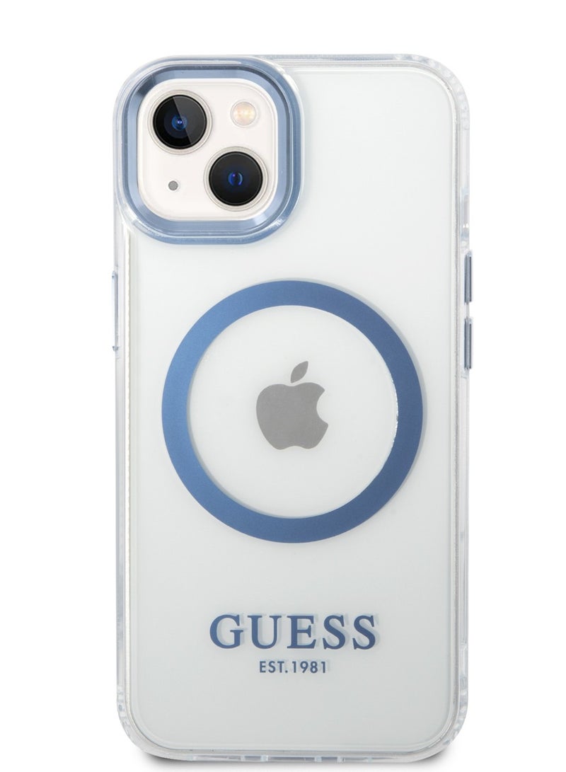 GUESS iPhone 14 Case MagSafe Compatibility Transparent Outline Back Cover / Bumper and Scratch Protection / Slim Profile / Easy Snap-On - Blue - Image 1