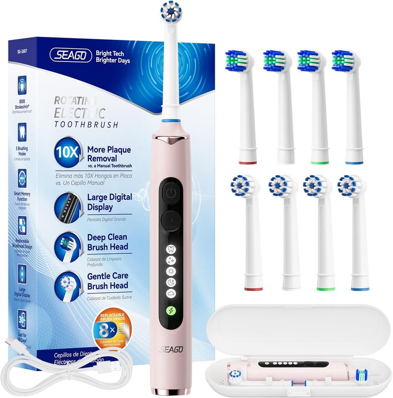 Seago Rotating Electric Toothbrush for Adults with 8 Brush Heads, 5 Cleaning modes, Rechargeable Electric Toothbrush with Timer and Travel Case for Adults and Kids - Image 1