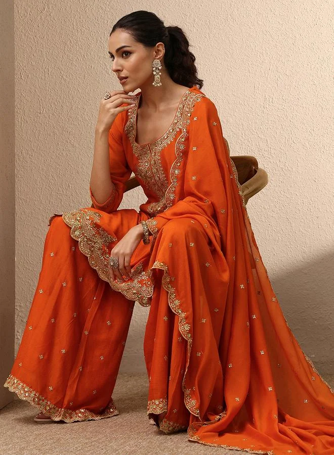 Libas Orange Embroidered Straight Kurta with Palazzo and Dupatta Set