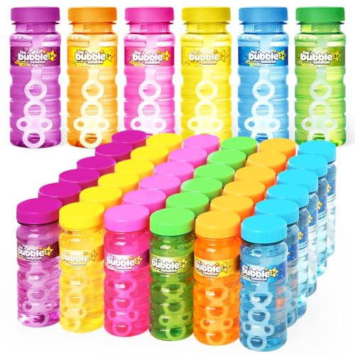 Shemira 36 Pcs Bubble Bottles with Wand Bubble Party Favor Supply for Summer Indoor Outdoor Activities 4 OZ Bubble Solution Summer Toy in 6 Colors Party Favor Birthday Party Supplies - Image 1