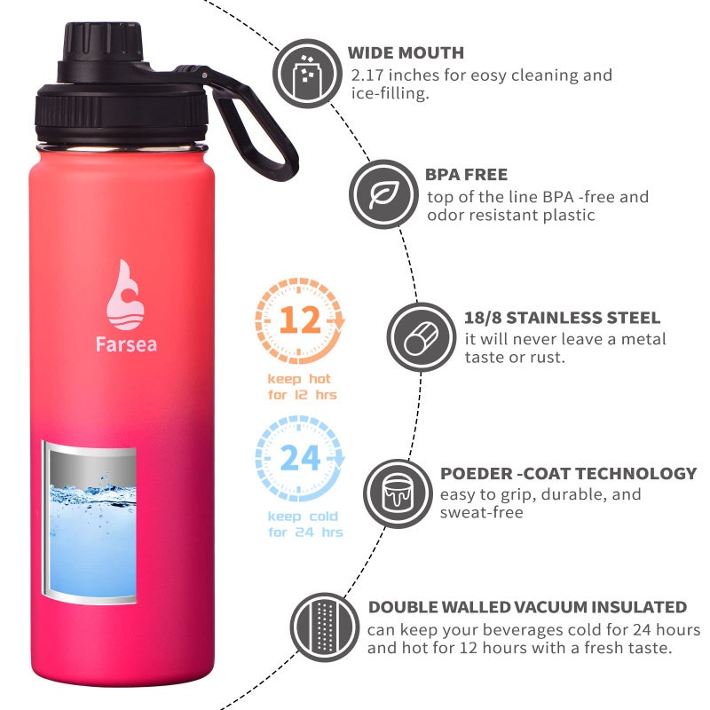 Farsea Insulated Water Bottle With Paracord Handle  Protective Silicone Boot and 2 Lids (Straw Lid & Spout Lid)  Stainless Steel Water Bottle Wide Mouth  Double Wall Sweat-Proof BPA-Free  24 oz - Image 2