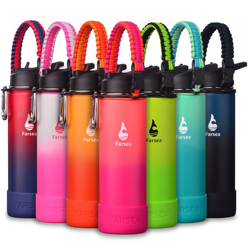 Farsea Insulated Water Bottle With Paracord Handle  Protective Silicone Boot and 2 Lids (Straw Lid & Spout Lid)  Stainless Steel Water Bottle Wide Mouth  Double Wall Sweat-Proof BPA-Free  24 oz - Image 1