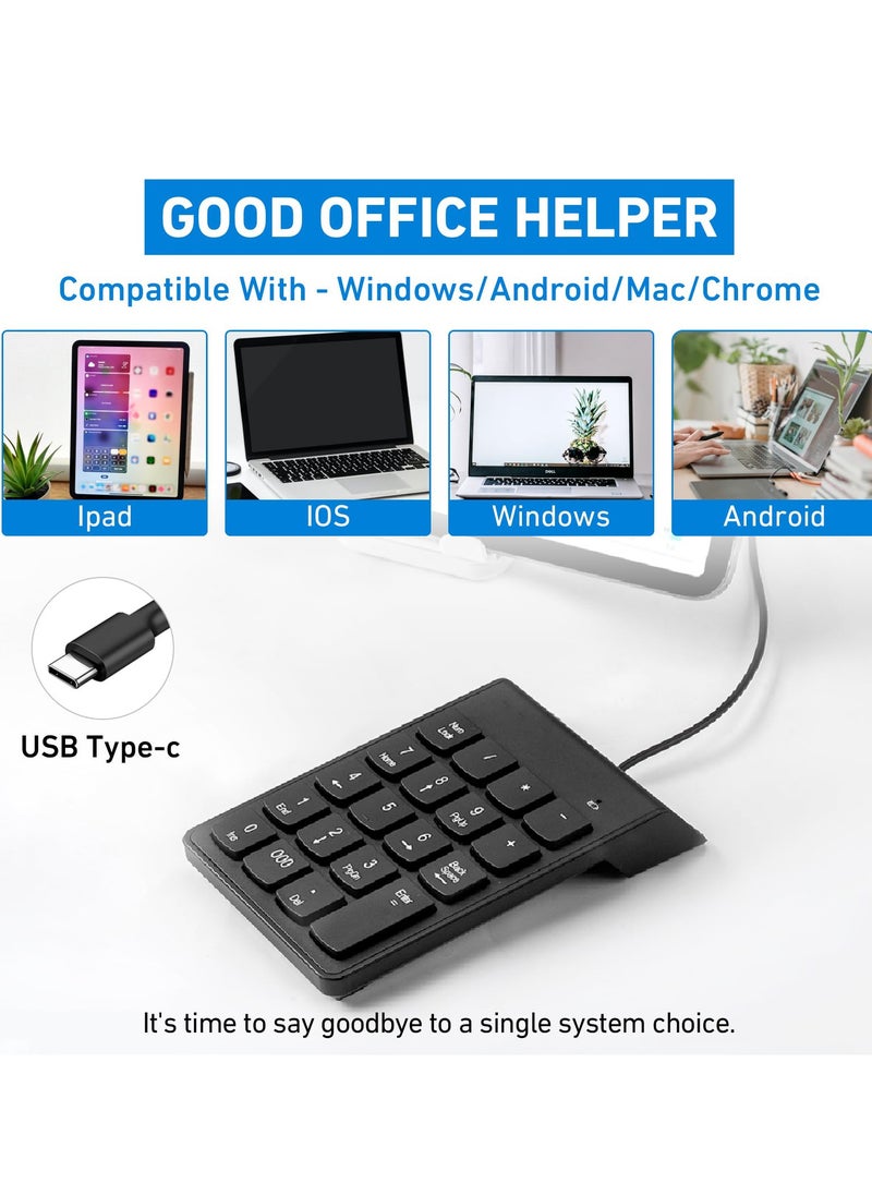 SYOSI Type C Number Pad, USB 19 Keys Mini Number Keyboard Plug & Play Financial Accounting Numpad Office Home Portable Slim Numeric Keypad for Laptop Phone PC Tablet Notebook (Black)  - Image 3