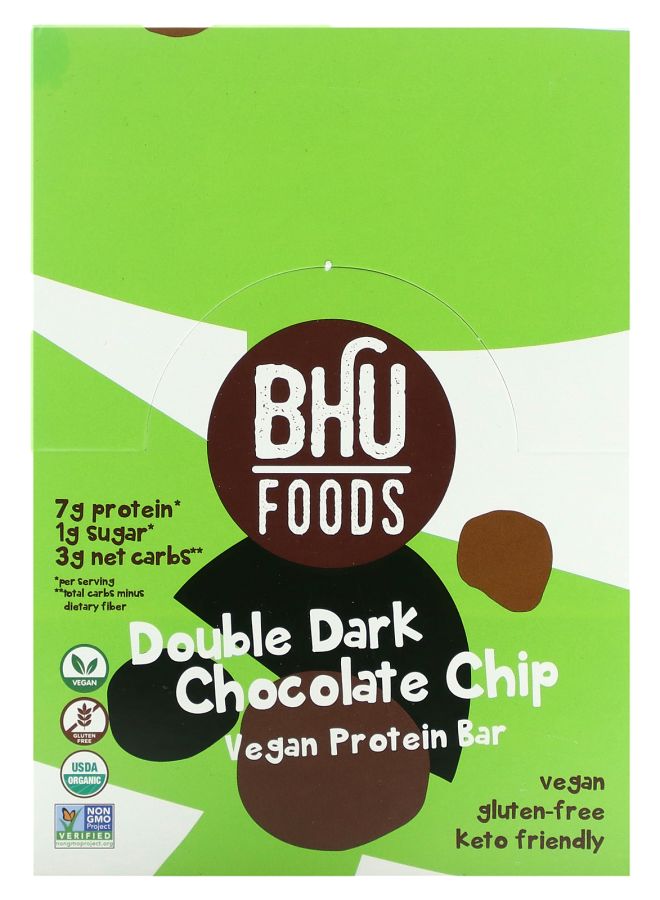 BHU Foods Vegan Protein Bar Double Dark Chocolate Chip 12 Bars 1.6 oz (45 g) Each 