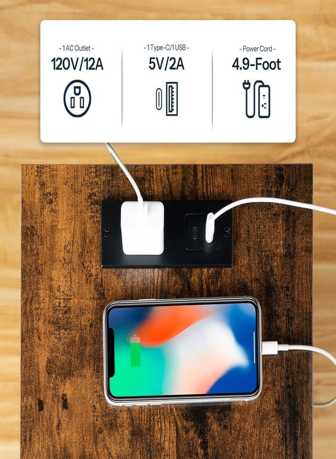 HOOBRO طاولة جانبية من هوبرو مزودة بمحطة شحن، طاولة جانبية صغيرة مزودة بمنفذ USB ومقبس كهربائي، منضدة ليلية بأرفف تخزين من طبقتين للمساحات الصغيرة، غرفة معيشة، غرفة نوم، إطار ثابت، بني ريفي BF09UBZ01 - Image 4
