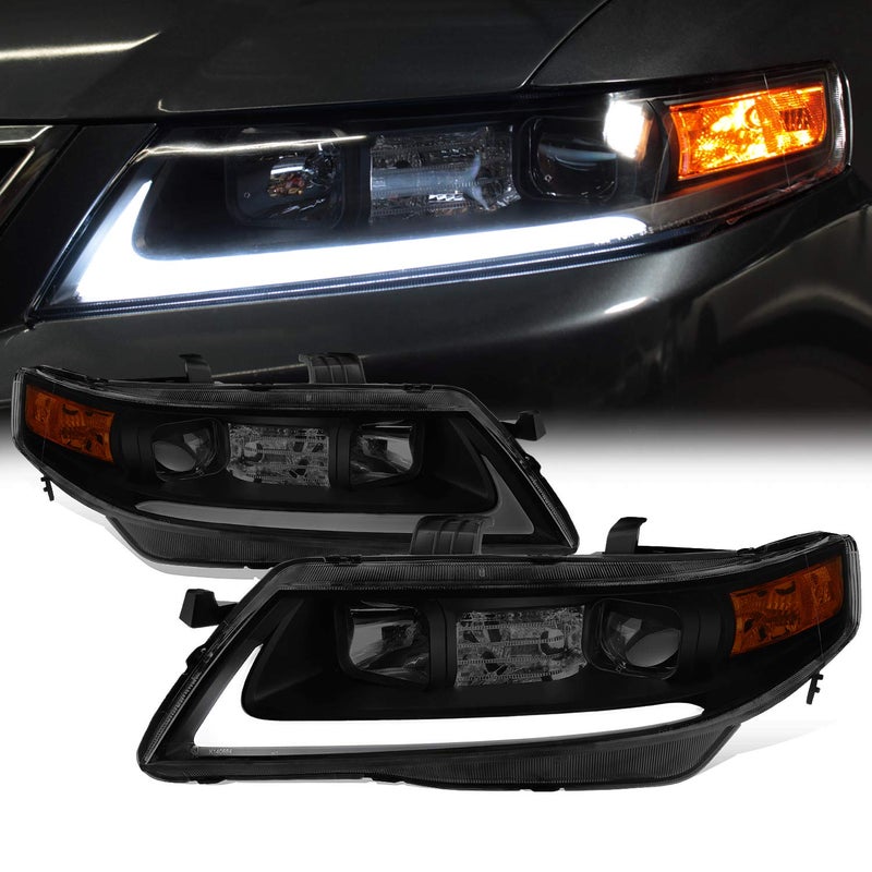 AKKON  Fits 20042008 Acura TSX CL9 LED Tube Projector Front Black Smoked Headlights Headlamps Pair