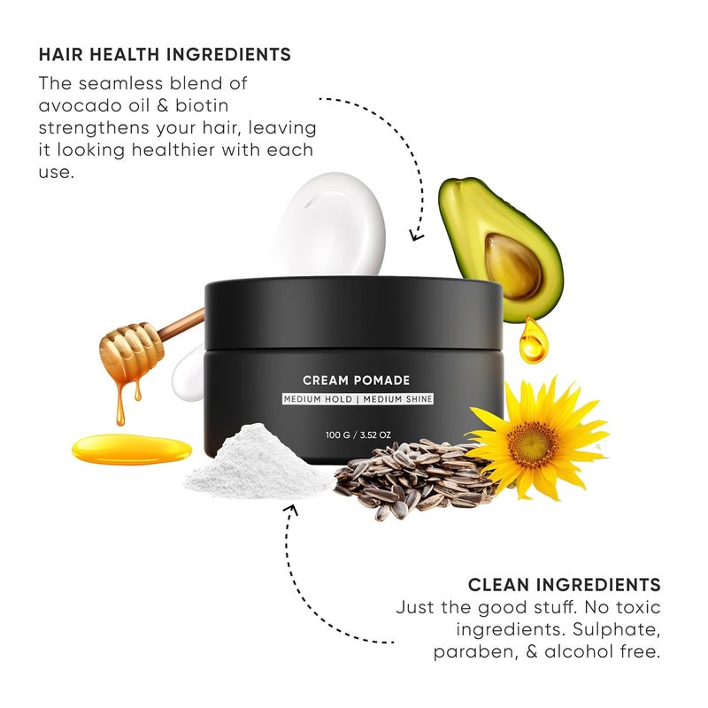 Dasher Cream Pomade For Mens Hair Medium Hold Medium Shine Puck Flexible Hold WaterBased Texturizes Hair With Avocado Oil Biotin 100g - Image 3