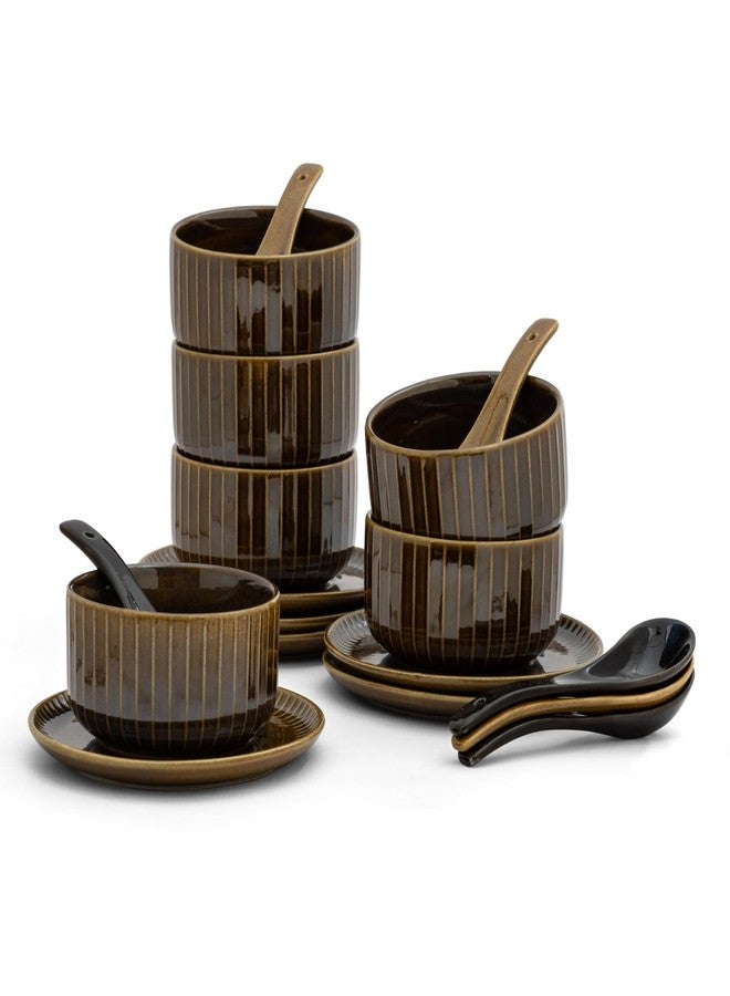 Clay Craft Fine Ceramic 18-Piece Soup Bowl Set | 6 Soup Bowls, 6 Spoons & 6 Under Plates | Striped Glossy Design | 350 Ml | Microwave & Dishwasher Safe | for Serving Soup & Snacks | Golden Brown - Image 1