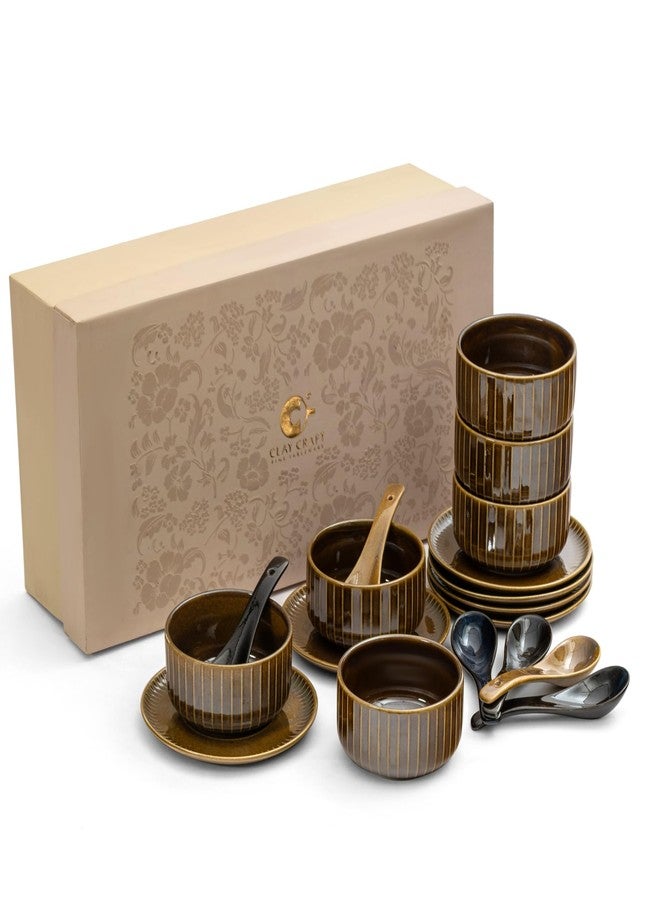 Clay Craft Fine Ceramic 18-Piece Soup Bowl Set | 6 Soup Bowls, 6 Spoons & 6 Under Plates | Striped Glossy Design | 350 Ml | Microwave & Dishwasher Safe | for Serving Soup & Snacks | Golden Brown - Image 2