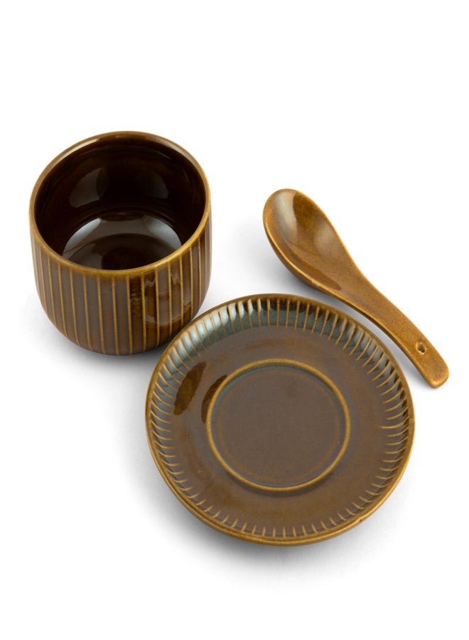 Clay Craft Fine Ceramic 18-Piece Soup Bowl Set | 6 Soup Bowls, 6 Spoons & 6 Under Plates | Striped Glossy Design | 350 Ml | Microwave & Dishwasher Safe | for Serving Soup & Snacks | Golden Brown - Image 4