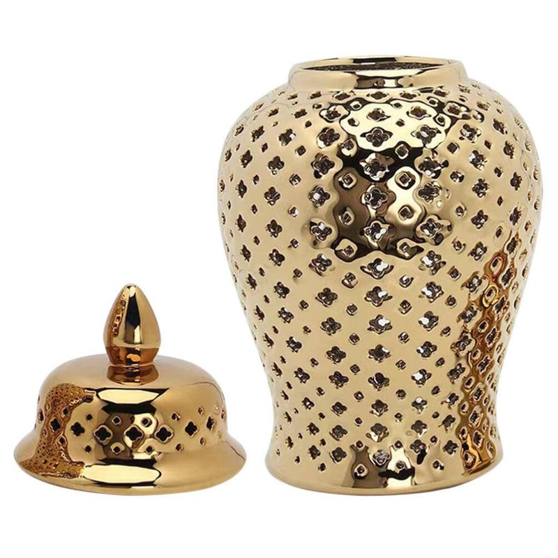 HOMSFOU Ceramic Ginger Jar with Lid Carved Lattice Decorative Temple Jar Modern Ceramic Hollow Out Ginger Jar Flower Vase for Home Office Party Wedding Decor Golden 22x10cm