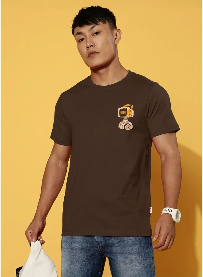 فيردو Veirdo® Men's T-Shirt Regular Fit Round Neck Pure Cotton Half Sleeve Graphics Printed T-Shirt with Brown Colour & XXL Size