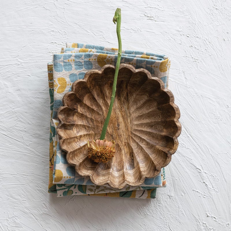 Creative Co-op Boho Carved Wood Bowl with Scalloped Edge, Natural - Image 2