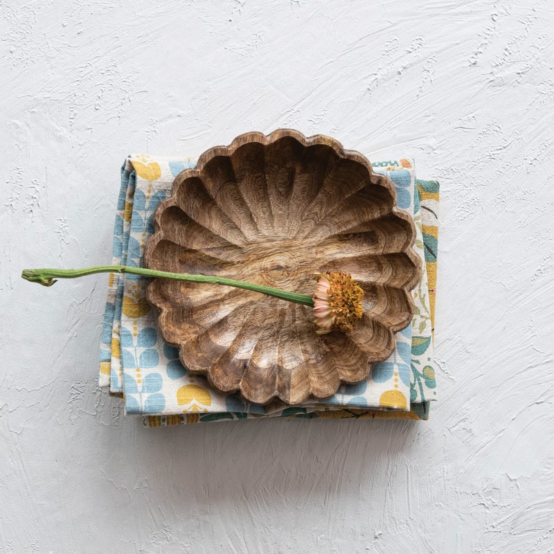 Creative Co-op Boho Carved Wood Bowl with Scalloped Edge, Natural - Image 3