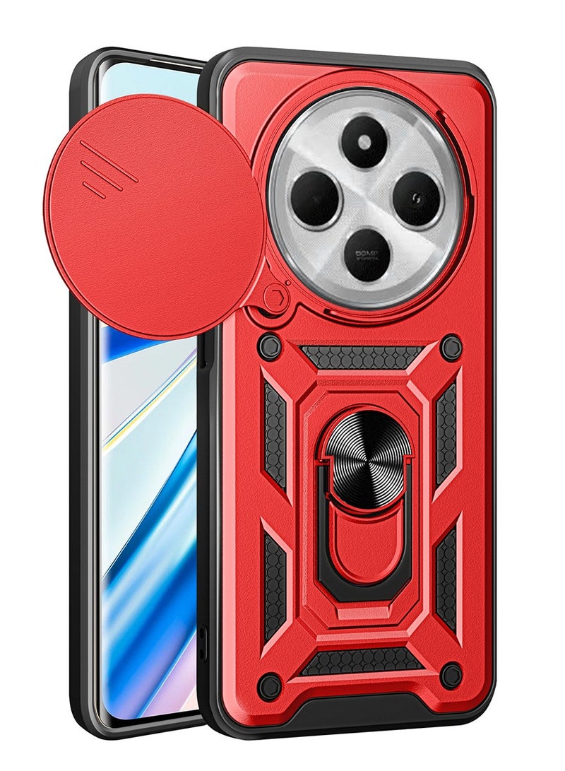 Case Cover for Redmi 14C 4G/Xiaomi POCO C75 4G, Slide Camera Lens Cover, Magnetic Ring Holder Kickstand Protective Phone Case, Red 