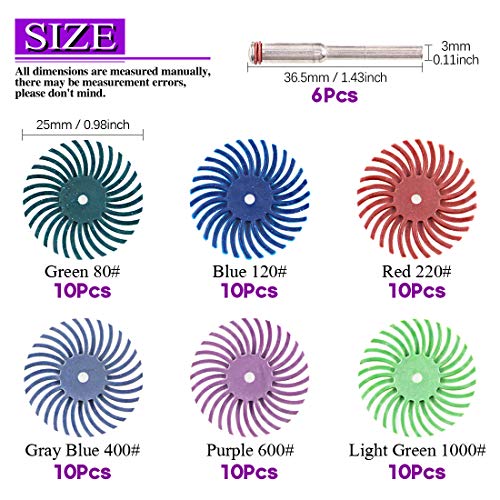 Swpeet 66Pcs 1 Inch 6 Mixed Grit 801202204006001000 Radial Bristle Disc Abrasive Brush Gap Polishing Pad Buffing Wheel Assortment Kit with 18 Shank for Rotary Tools Cleaning Finishing Deburring - Image 3