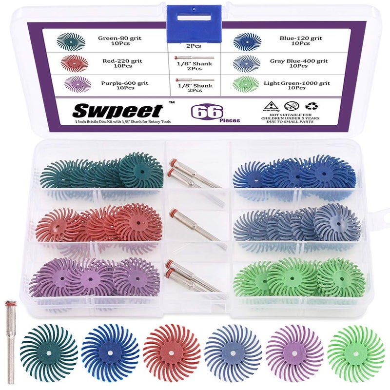 Swpeet 66Pcs 1 Inch 6 Mixed Grit 801202204006001000 Radial Bristle Disc Abrasive Brush Gap Polishing Pad Buffing Wheel Assortment Kit with 18 Shank for Rotary Tools Cleaning Finishing Deburring - Image 2