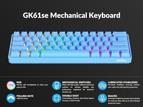 Geeky GK61 SE 60% | Mechanical Gaming Keyboard | 61 Keys Multi Color RGB LED Backlit for PC/Mac Gamer | ANSI US American Layout (Blue, Mechanical Brown) - Image 5