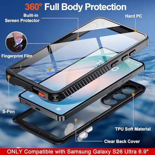 MOZOTER for Samsung Galaxy S26 Ultra Case Waterproof,[IPX8 Underwater Case][Full Body Shockproof & Military Dropproof]Built-in Screen Protector Clear Sound Quality for Samsung S26 Ultra 6.9 inch-Black - Image 5