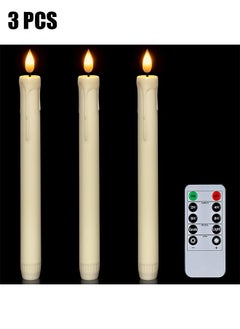 HY 3 Pcs Flameless Taper Candles with Remote, Timer, Dimmer, Ivory Battery Operated CandleSticks with Flickering Light, Plastic Led Window Candles, 24cm for Ramadan Eid Mubarak Kareem Decoration  - Image 1