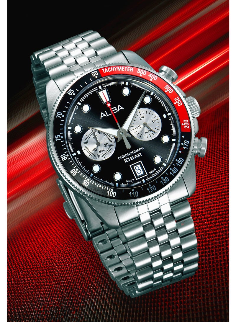 Alba Active Chronograph Men’s Watch A4B027X1, 43 mm Black & Silver Dial, Stainless Steel Case & Bracelet, 100 m WR - Image 1