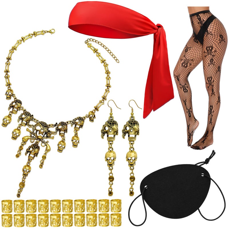 RechicGu Pirate Role Play Costume Accessory Set For women Halloween Crusie Pirate Night Party,Headband Eyepatch Skull Stockings,Skull Tassel Charm Necklace Earrings Jewelry Set,Dreadlock Beads, Red - Image 1