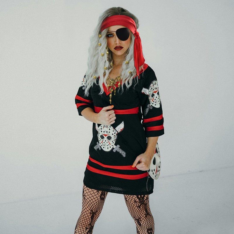 RechicGu Pirate Role Play Costume Accessory Set For women Halloween Crusie Pirate Night Party,Headband Eyepatch Skull Stockings,Skull Tassel Charm Necklace Earrings Jewelry Set,Dreadlock Beads, Red - Image 5