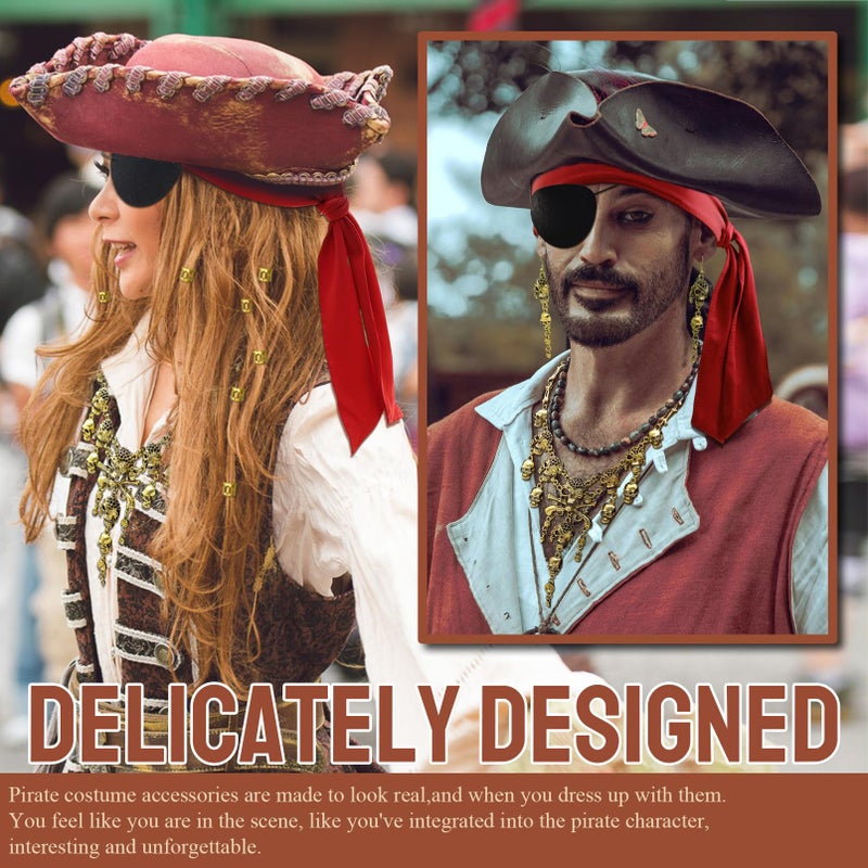 RechicGu Pirate Role Play Costume Accessory Set For women Halloween Crusie Pirate Night Party,Headband Eyepatch Skull Stockings,Skull Tassel Charm Necklace Earrings Jewelry Set,Dreadlock Beads, Red - Image 2